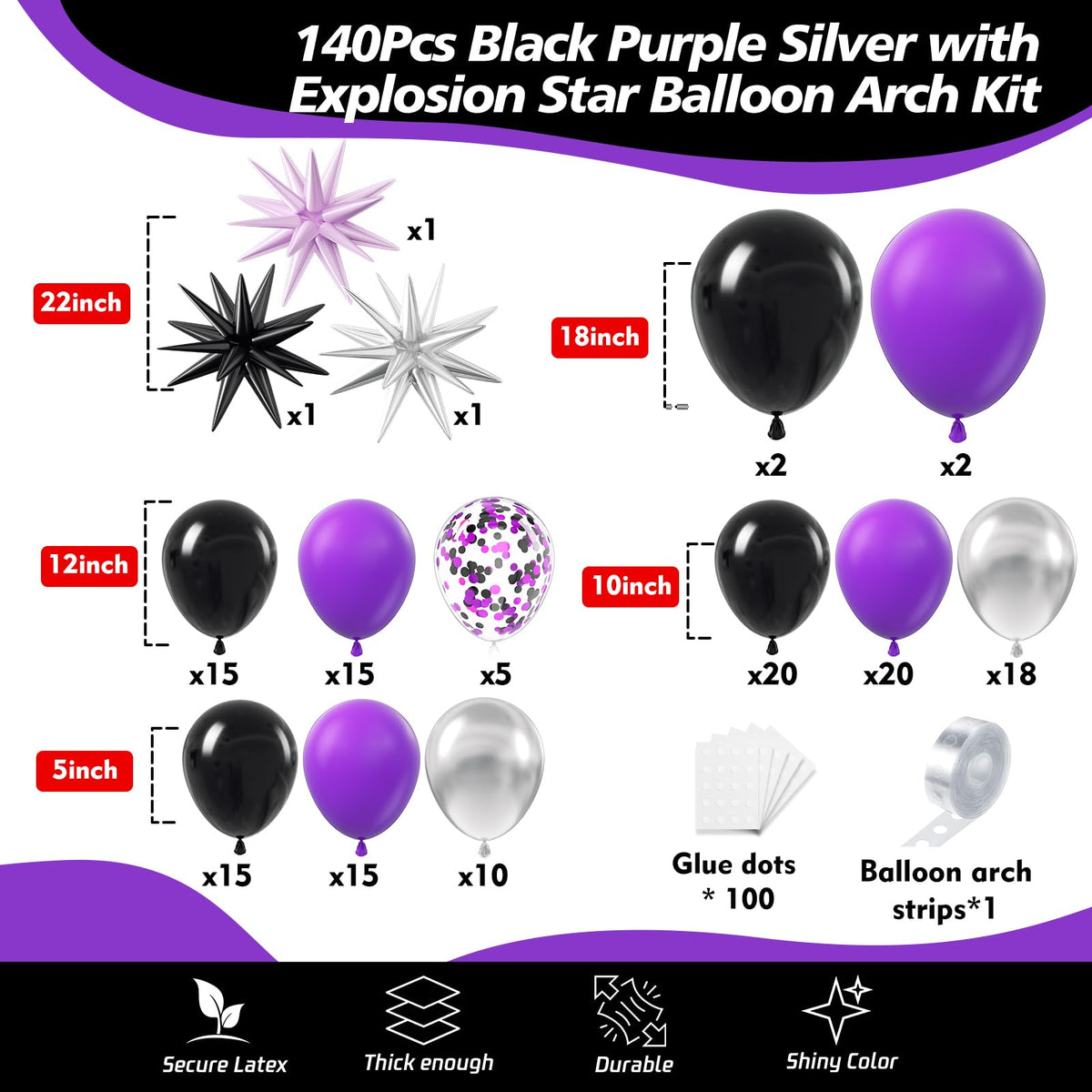ADOINBY Balloons Arch Kit - Black and Purple Silver view 1
