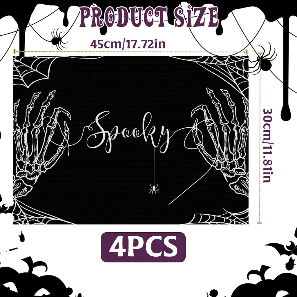HINGTAI 4Pcs Halloween Skeleton Spooky Spider Black Placemats Set of 4, Suitable for (additional view 1)