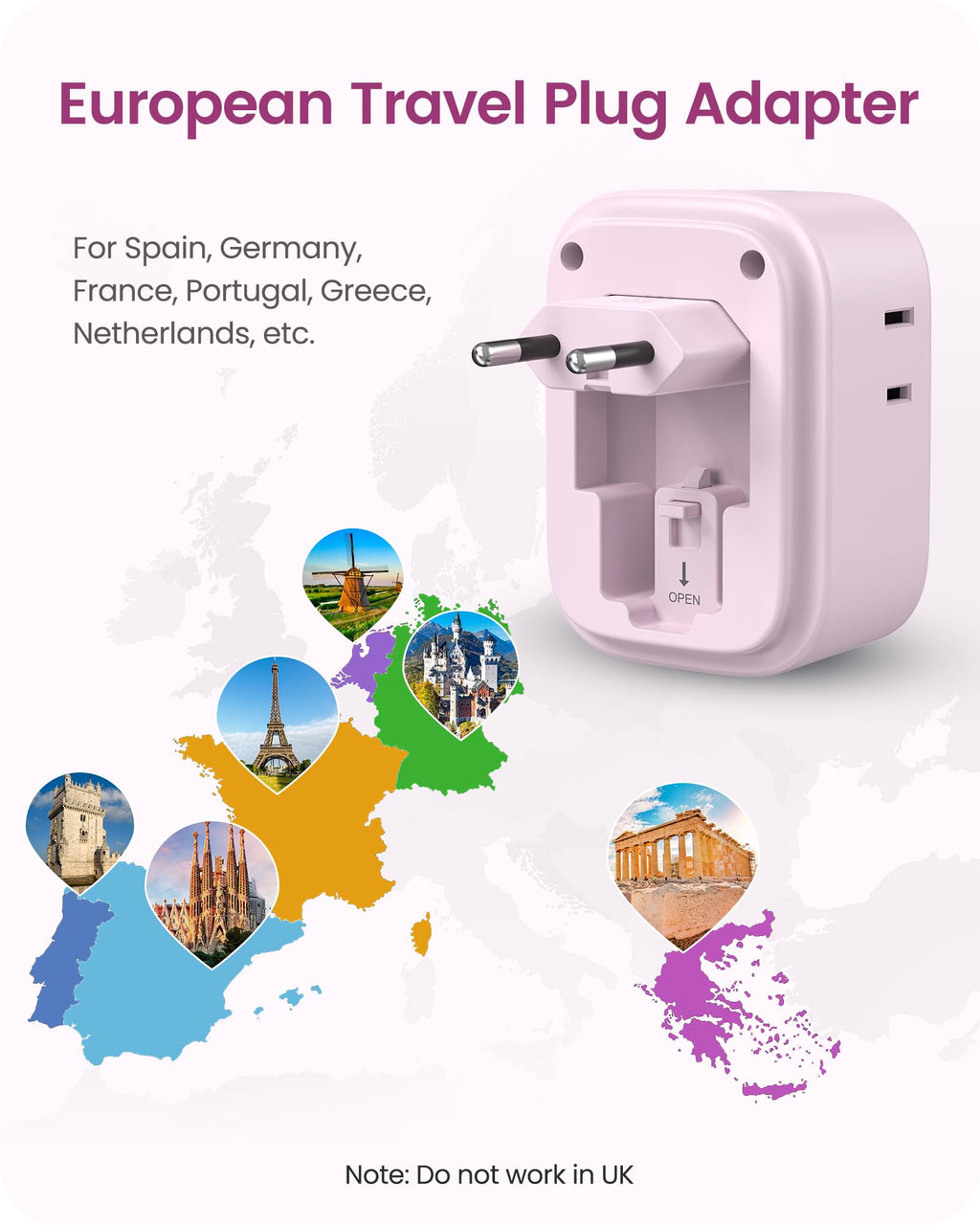 LENCENT Travel Plug Adapter - Type C-17.5W-Most of Europe-Pink view 2