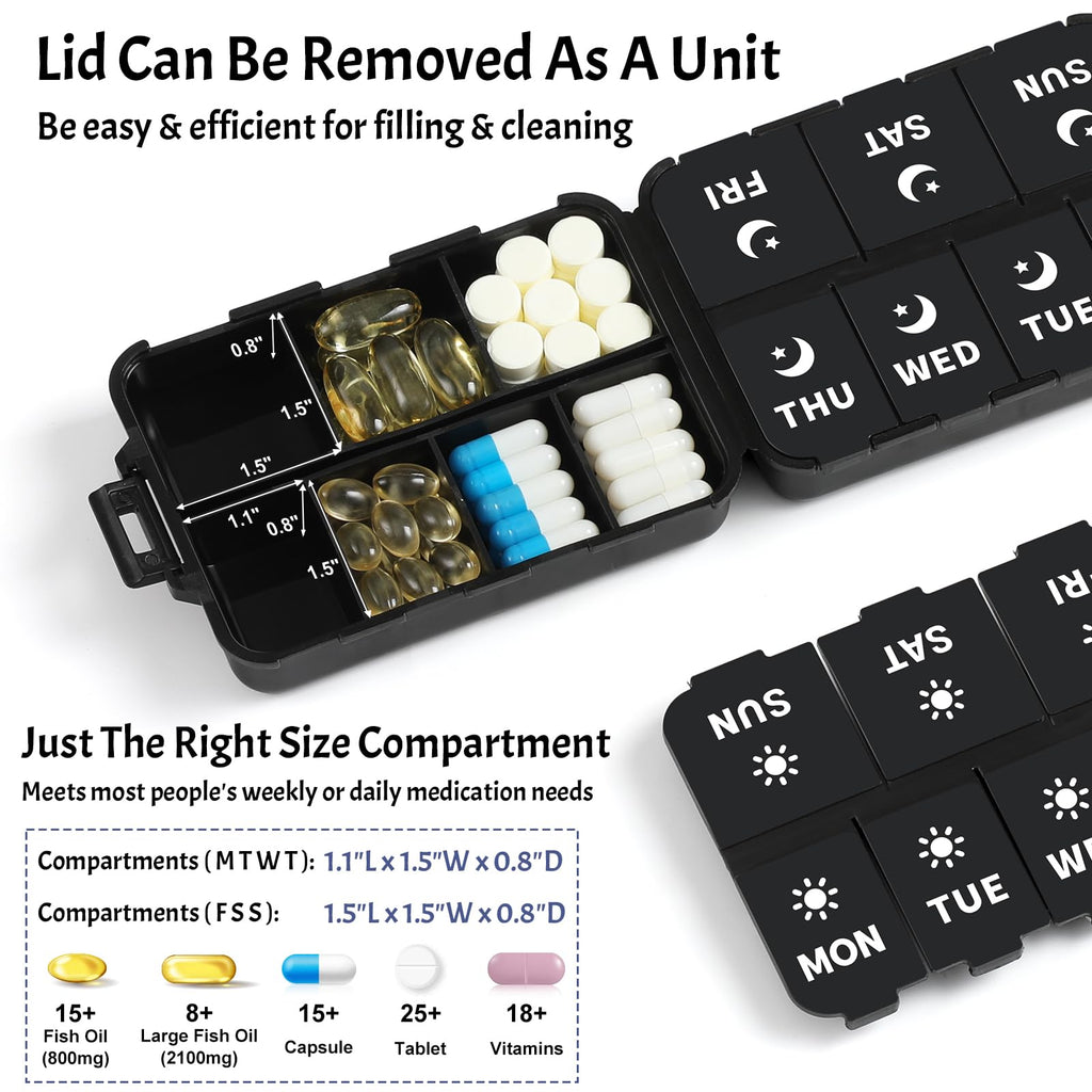 Foldable Portable 7 Day Pill Organizer 2 Times a Day, AM PM Weekly Pill Box