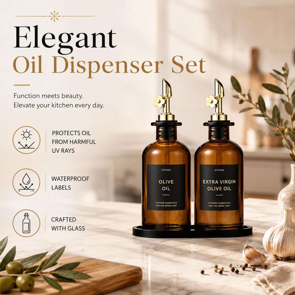 Olive Oil Dispenser for Kitchen, 2-Pack 12oz Glass Bottle - Brown&Gold Labels view 1