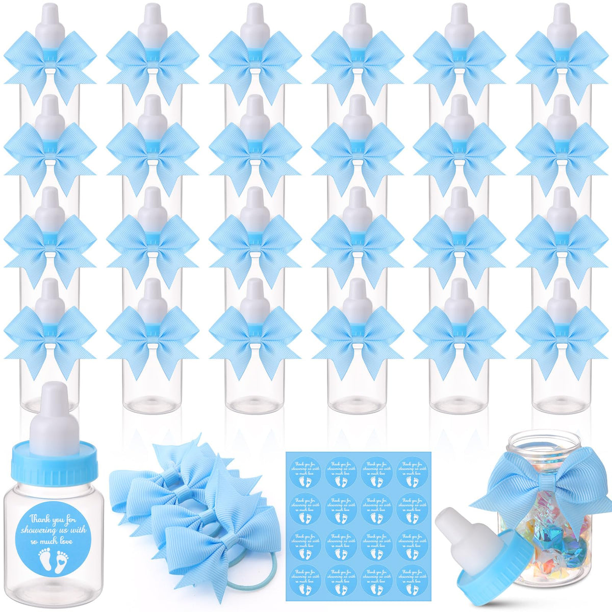 Teenyyou 48 Sets 3.5 Inch Blue Mini Baby Bottles for Baby Shower Party Favor Game Plastic