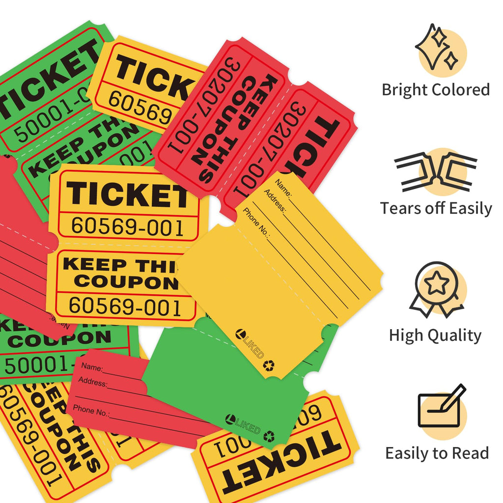 LLIKED 2"x2" Double Roll Raffle Tickets - 3000-yellow,green and Red view 3