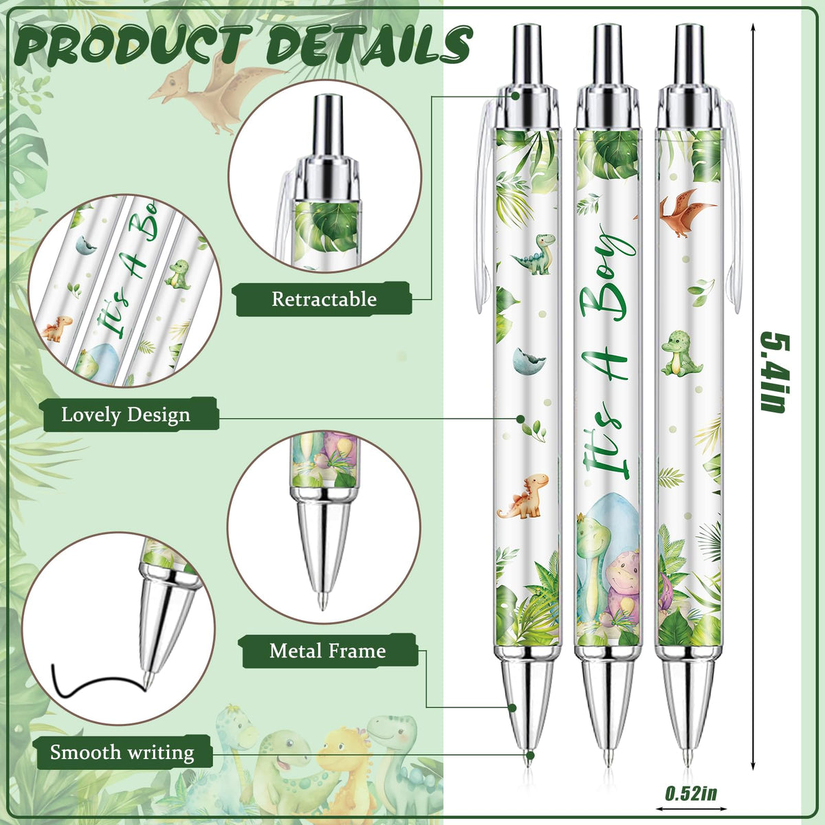 EYNDYN 145 Pieces Baby Shower Favors Ballpoint Pens and Keychains Gifts Bulk Retractable Pens Gender Reveal Cards Souvenirs - 36 / Dinosaur view 1