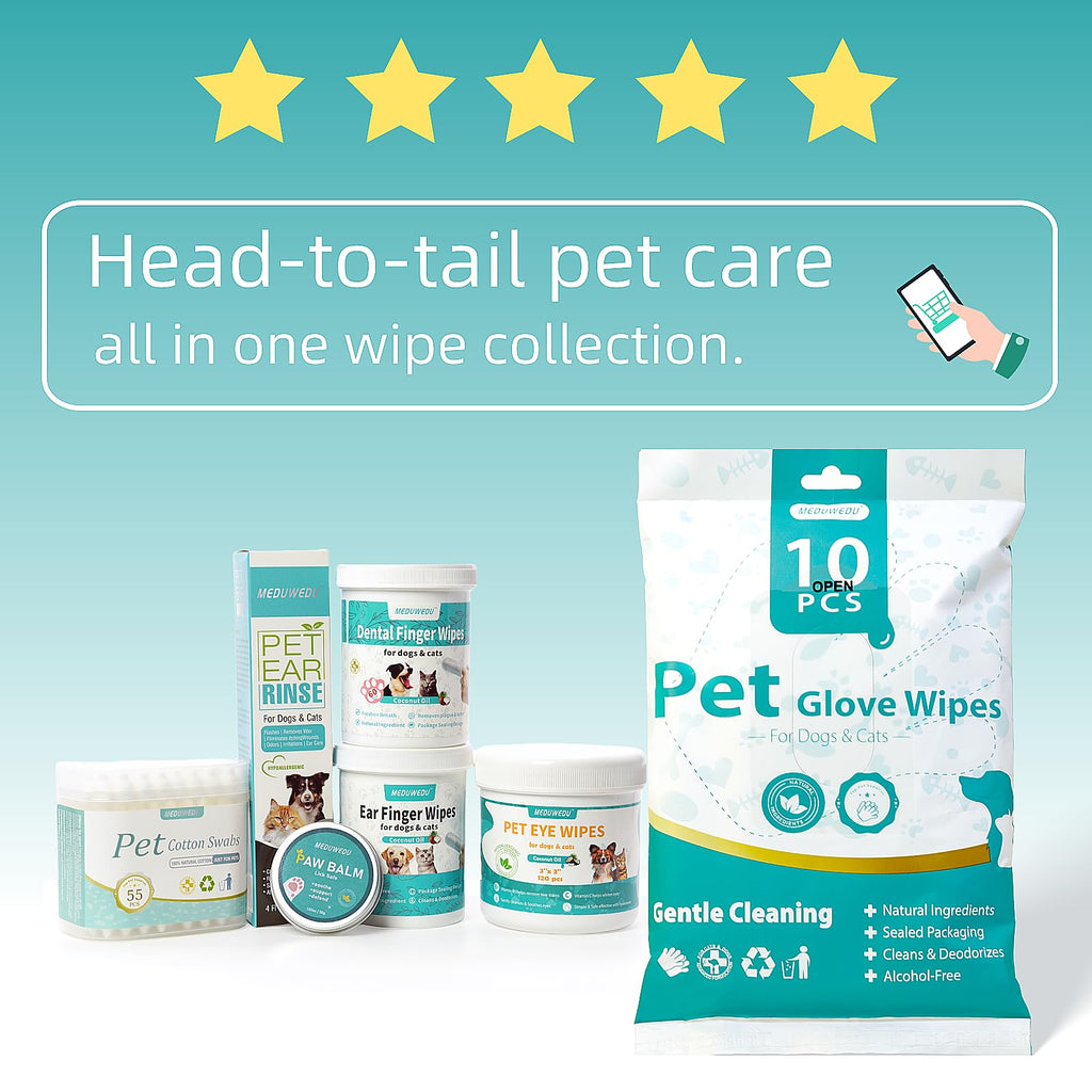 MEDUWEDU Ear Cleaner Finger Wipes 120 Counts, Dog Ear Cleaner, Grooming Kit Care for Dogs and Cats, Soft & Easy Otic