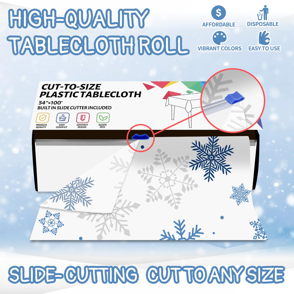 CXPSINC 54 Inch Plastic Table Cover Roll Disposable Tablecloth with Slide Cutter - Christmas Blue Snowflake / 1200" x 54" (Rectangular) view 3