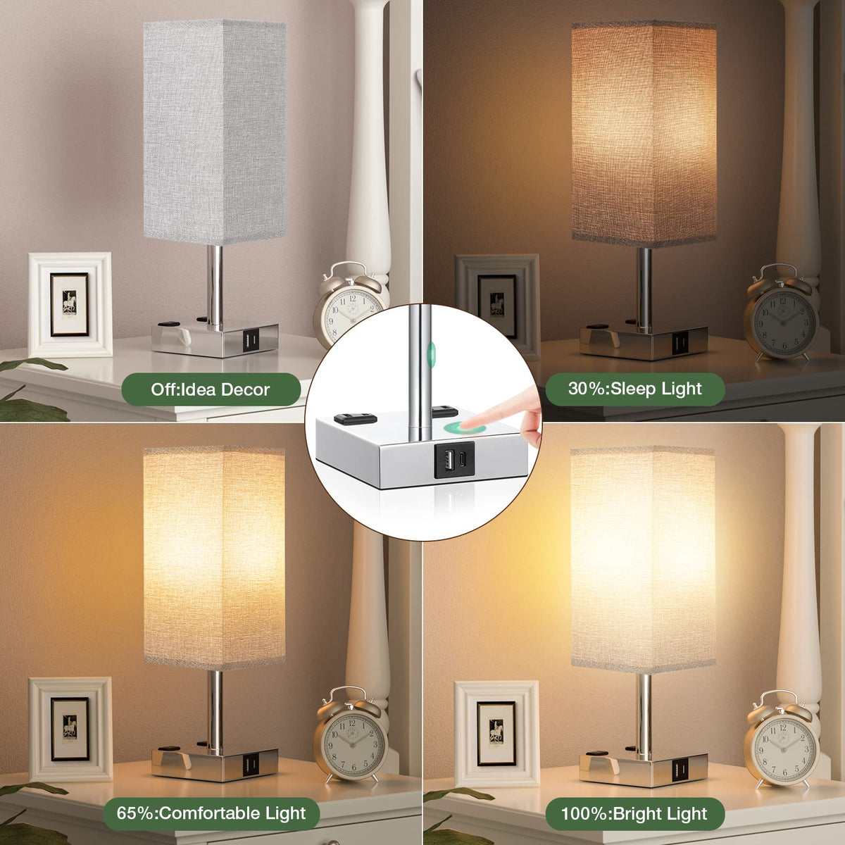 aooshine Set of 2 Touch Lamps with USB-C Port - Grey Shade-Silver Base view 2