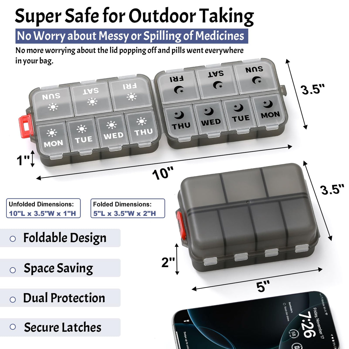 Foldable Portable 7 Day Pill Organizer 2 Times a Day, AM PM Weekly Pill Box