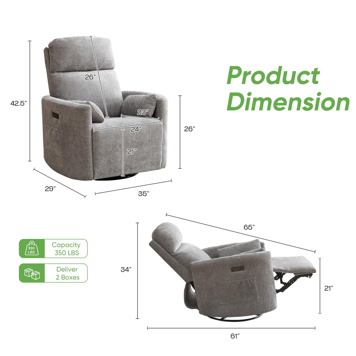 Rhevoy Oversized Power Recliner with Massage and Heat, Swivel Rocker Recliner with Adjustable Headrest, Glider Recliner