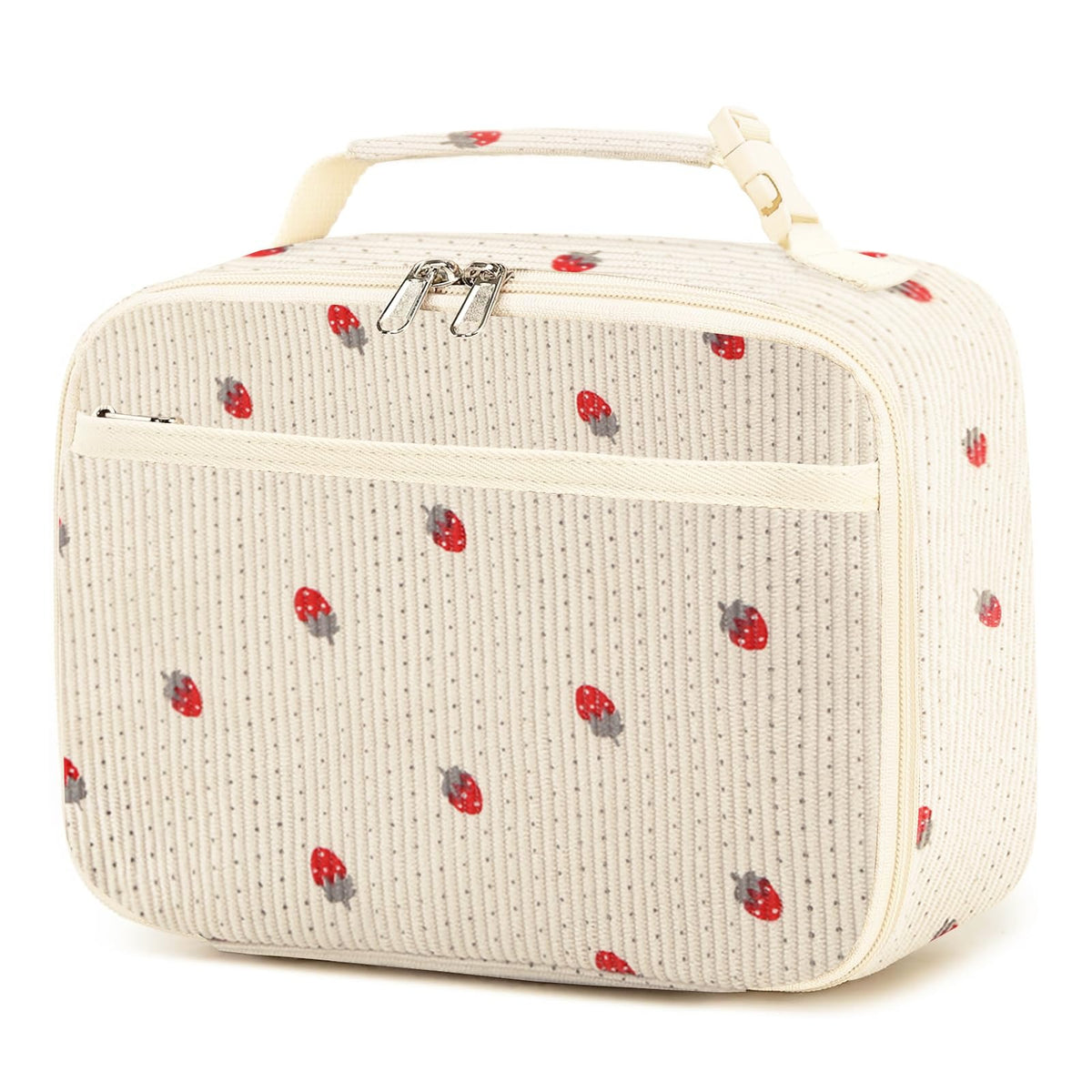 GODWOODS Cute Lunch Bag for Women & Men Corduroy Small Lunch Box with Cooler & Organizer Compartments Insulated Lunch Tote Bag for Travel Work - Strawberry