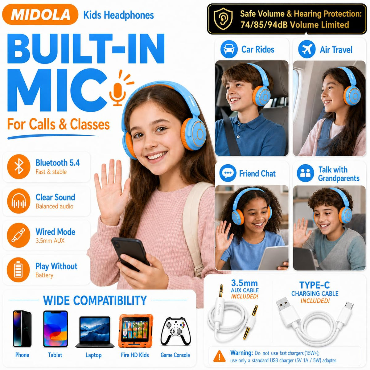 Kids Bluetooth Headphones Wireless Over-Ear,68Hrs,Volume Limit 85/94dB - Sky Blue view 3
