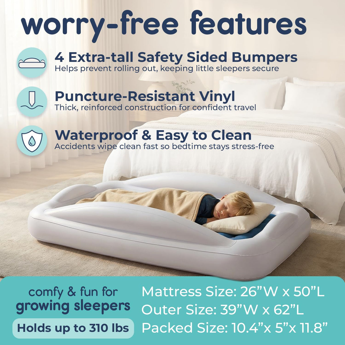 Hiccapop Inflatable Toddler Bed with Safety Bumpers, Kids Travel Bed, – Navy (HP-ITB)