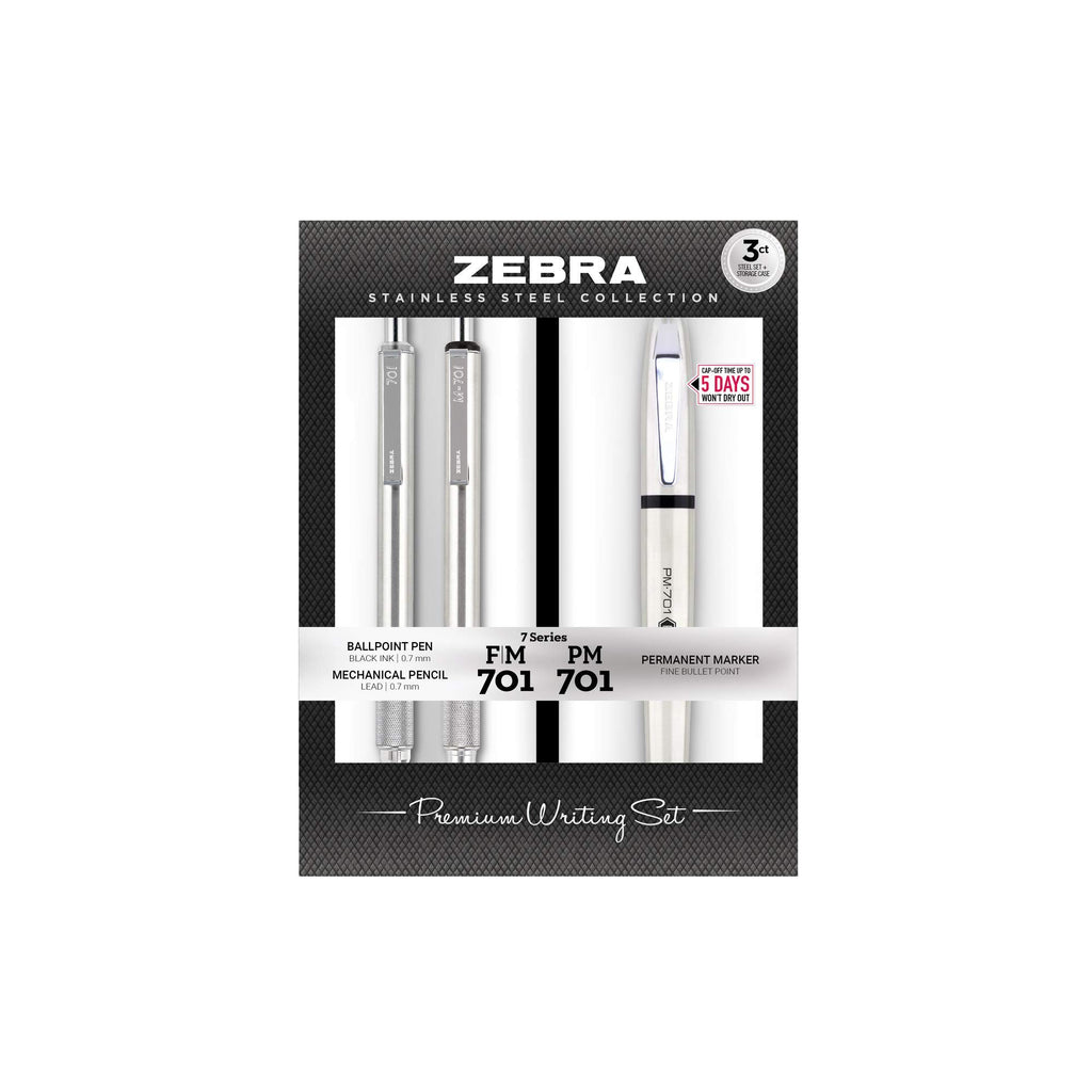 Zebra Pen STEEL PM-701 & M/F-701, Pen, Pencil & Permanent Market Set, 3-Pk
