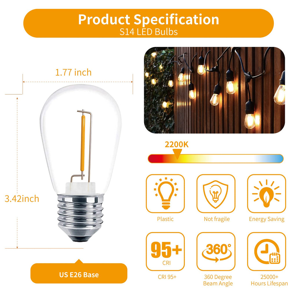 Meconard Pack S14 LED Outdoor String Light Replacement Bulbs, Warm White