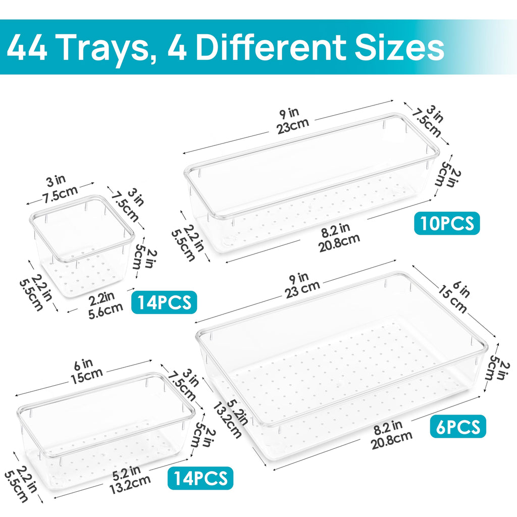 Vtopmart 44 PCS Plastic Drawer Organizers Set, 4-Size Versatile Bathroom and Vanity Organizer Trays, Non-Slip Storage (Pack of 44)