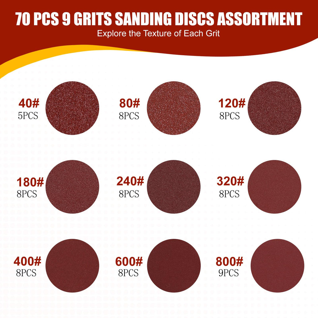YNZDRWA 70 PCS 5 Inch 8-Hole Sanding Discs, 9 Mixed Grits (YN004) (Pack of 70)