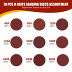 YNZDRWA 70 PCS 5 Inch 8-Hole Sanding Discs, 9 Mixed Grits (YN004) (Pack of 70)