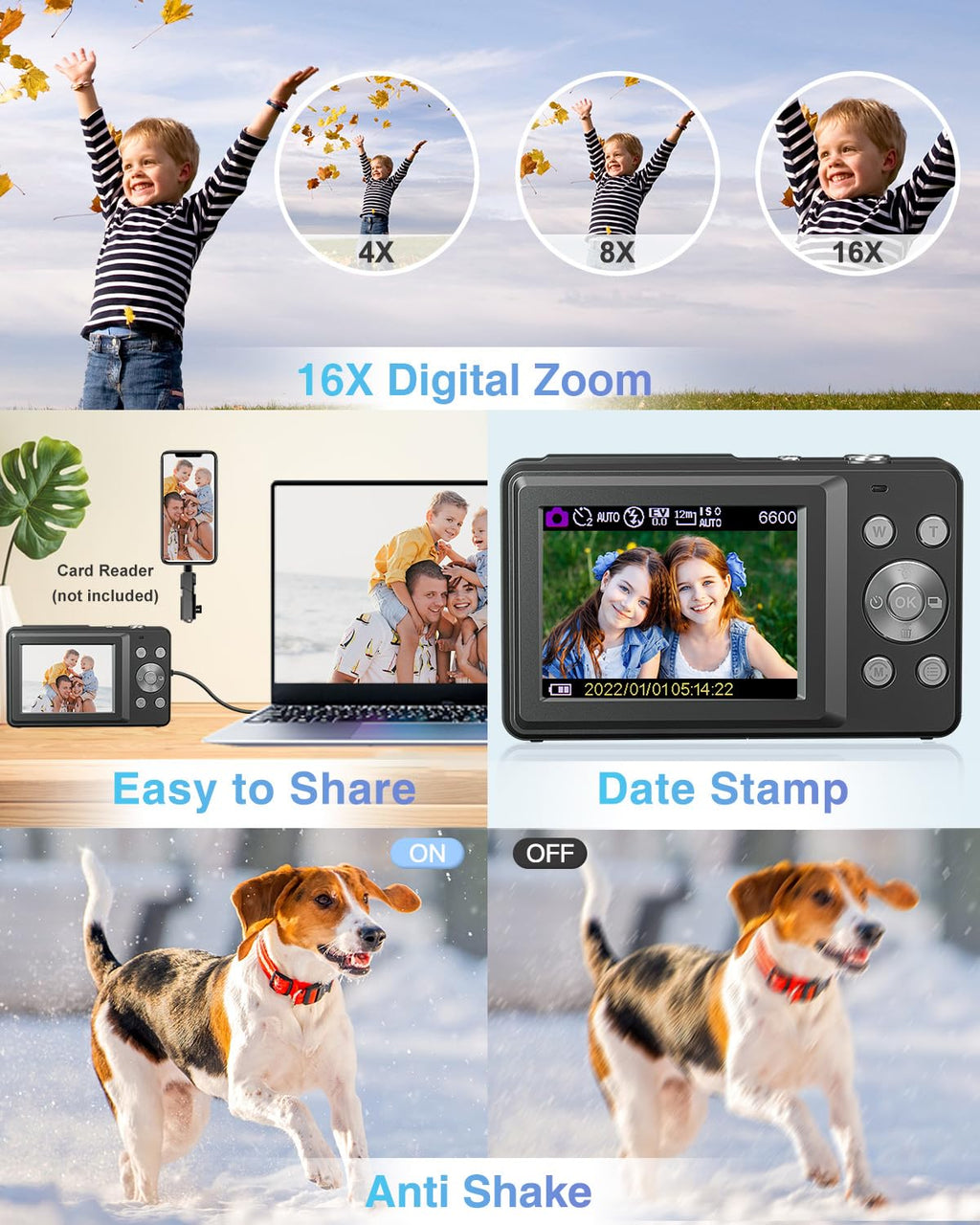 Lecran Digital Camera, FHD 1080P Point and Shoot Camera for Kids Teens, 32GB Card (DC403)