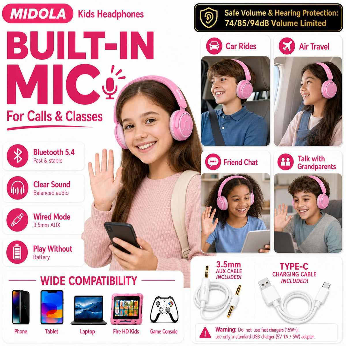Kids Bluetooth Headphones Wireless Over-Ear,68Hrs,Volume Limit 85/94dB - Pink view 3