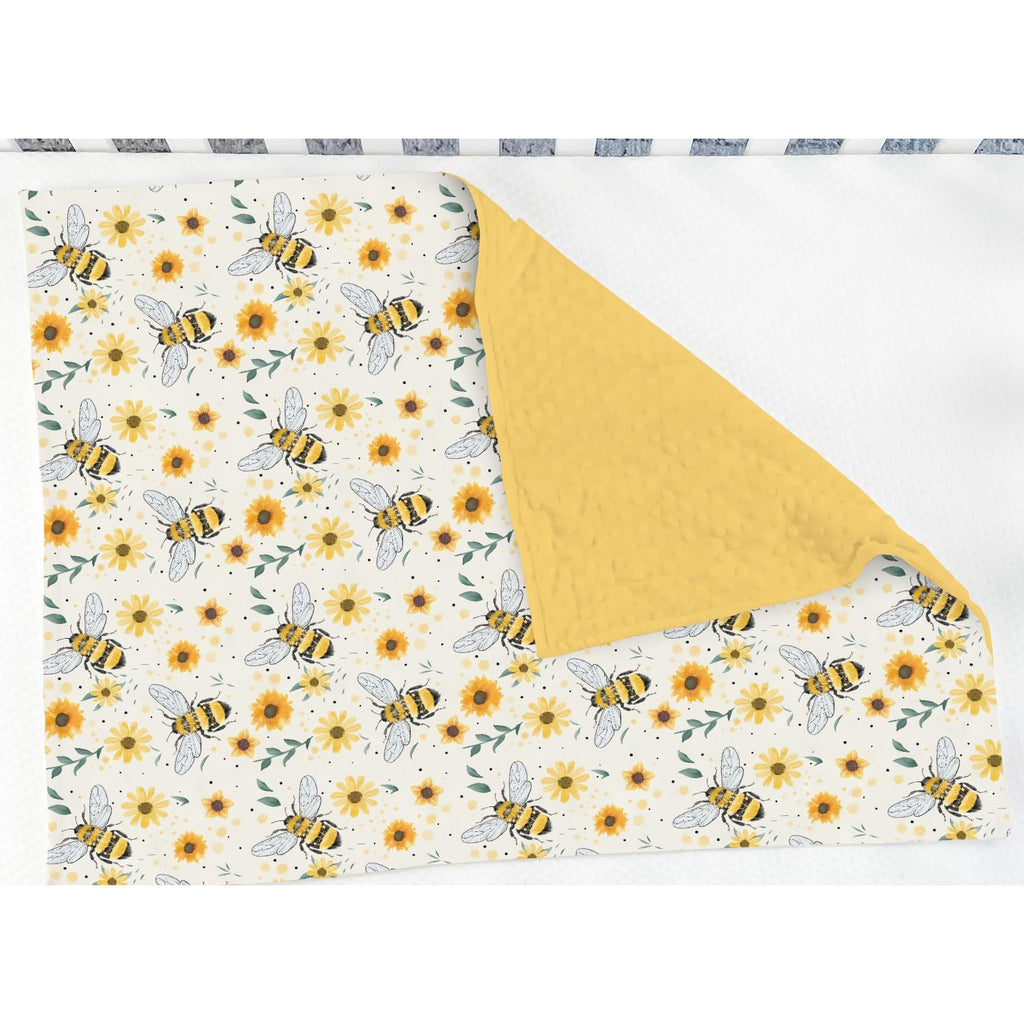 Bee Floral Baby Blanket Soft Mink Dotted Backing Double Layer Swaddle Receiving Blanket 30x40 - Yellow view 2