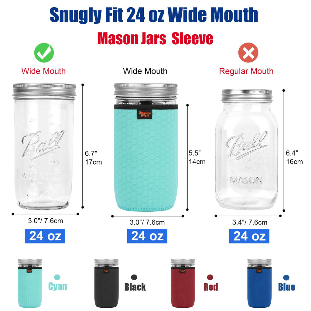 Desing Non-slip Cozy Insulated Glass Jars Protector Holder Sleeves - 24 oz Sleeves (3.0 x 5.5 In) - Black/Red/Blue/Cyan view 1