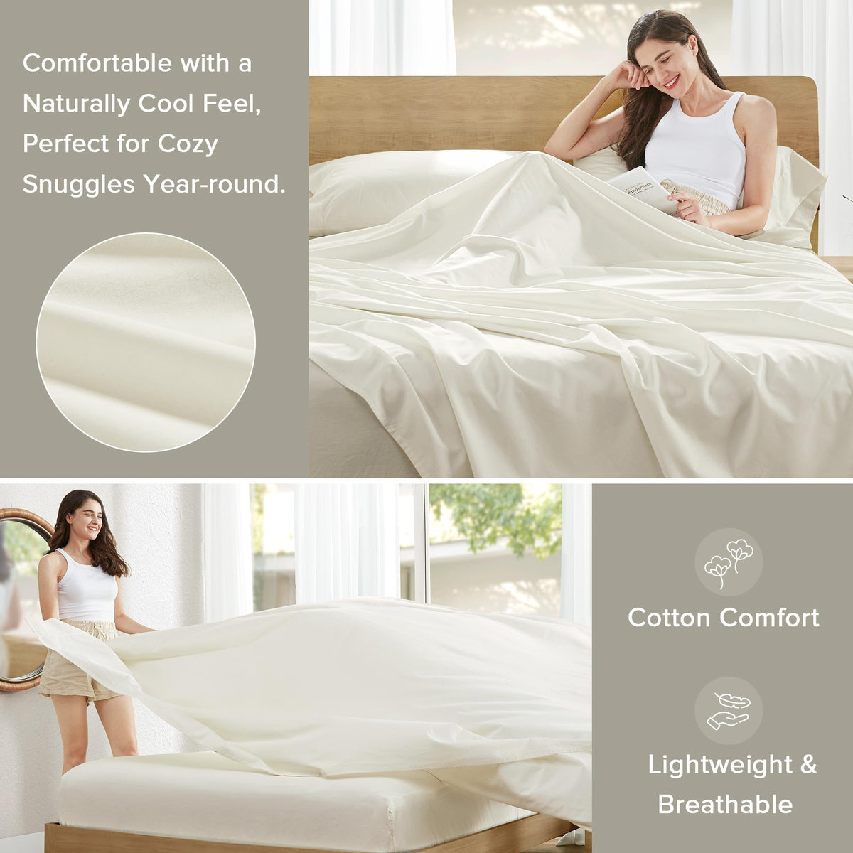 Comfort Spaces 100% Cotton Percale Sheets Twin XL Sheet Set 3 Pcs, Ivory (AM20-0602)
