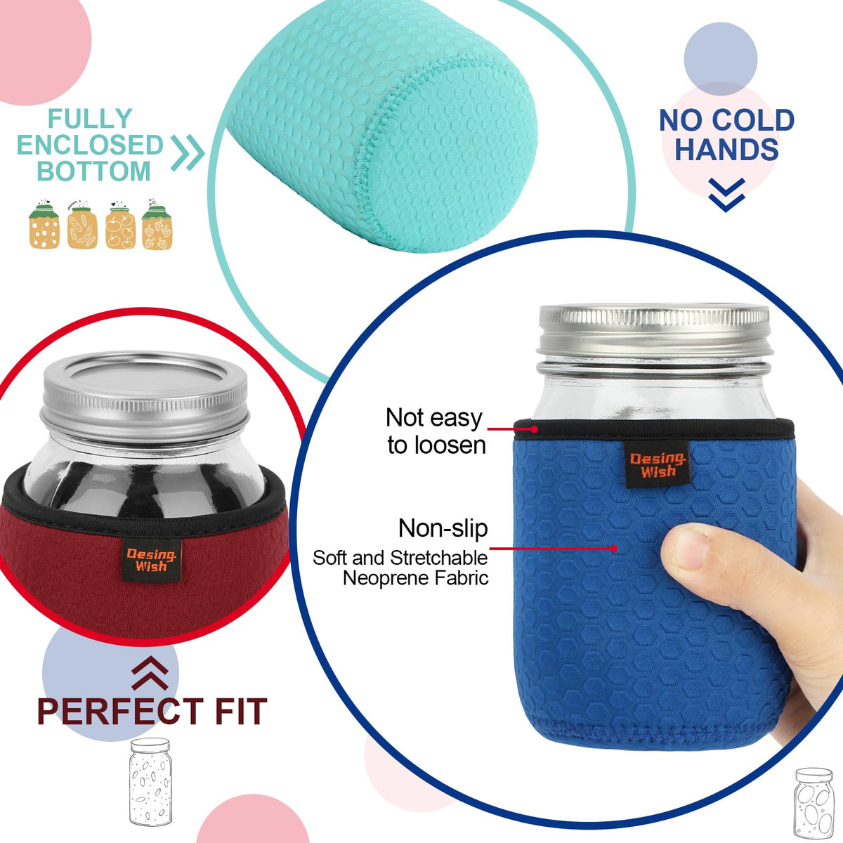 Desing Non-slip Cozy Insulated Glass Jars Protector Holder Sleeves - 16 oz Sleeves (3.0 x 3.7 In) - Black/Red/Blue/Cyan view 2