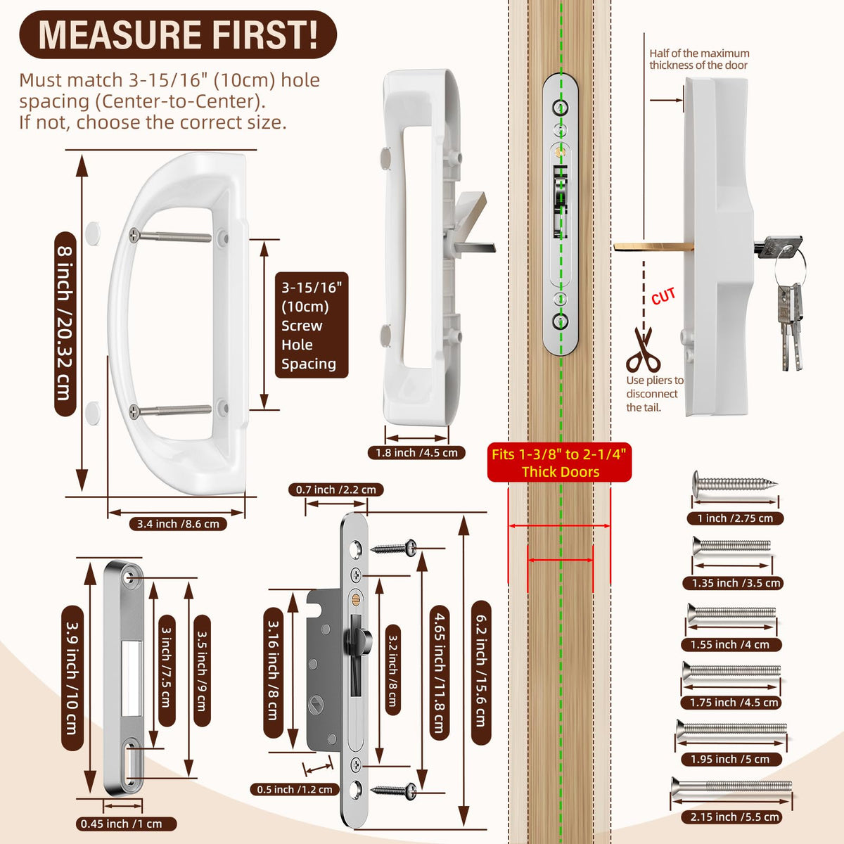 MENGBEI Sliding Glass Door Handle Set,3-15/16" Screw Hole Spacing, Fits Door Thickness (additional view 3)
