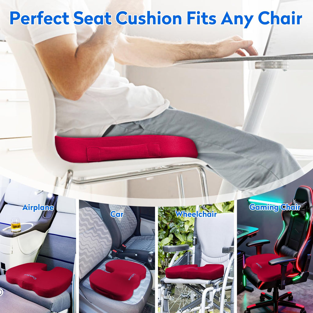 CushZone Memory Foam Seat Cushion for Office Hair, Car & Wheelchair, – Red (MPN-CZ0004-RE)