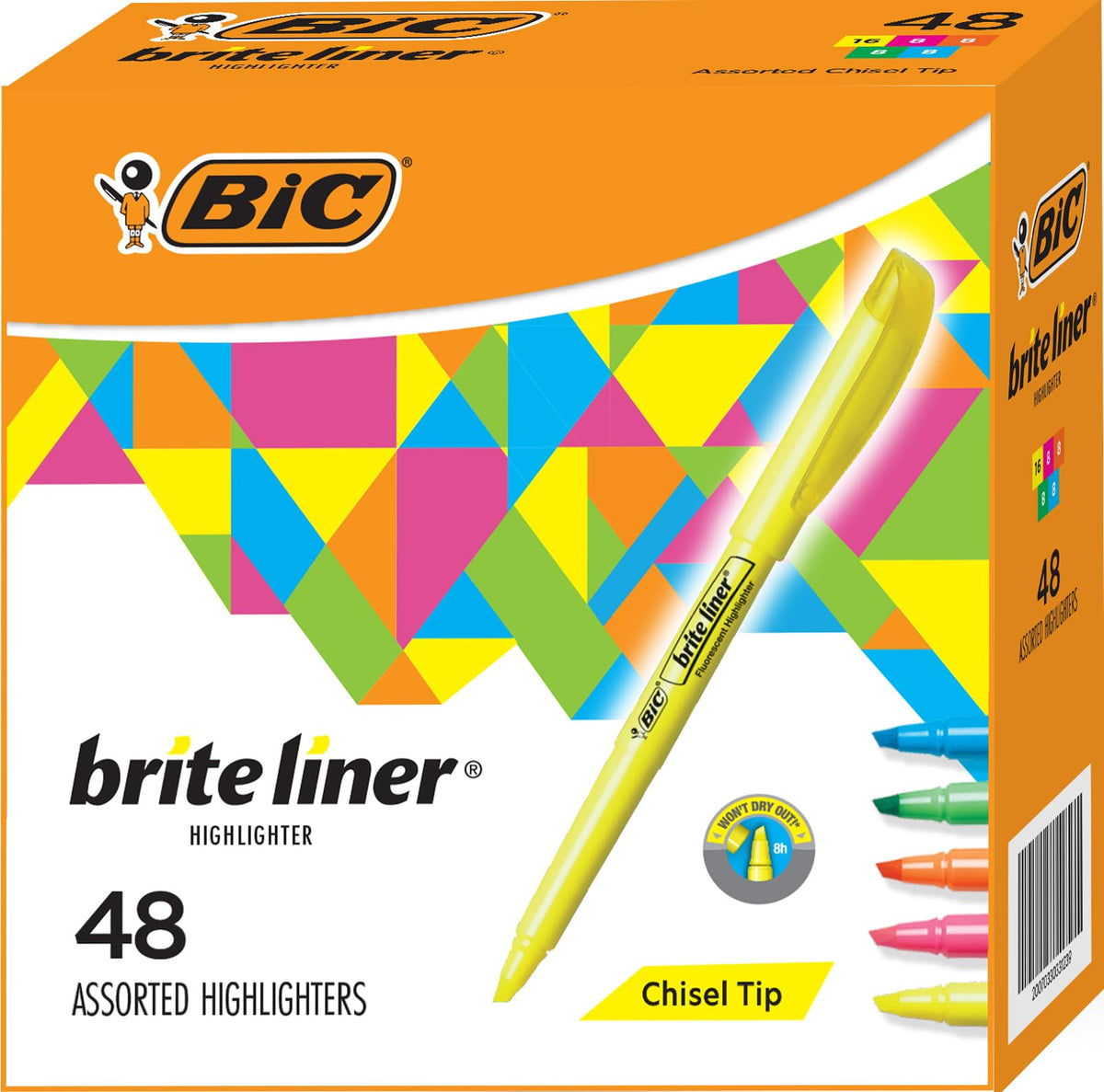 BIC Brite Liner Colored Highlighters, Chisel Tip, 5 Assorted Colors – 48 Pack (24877)