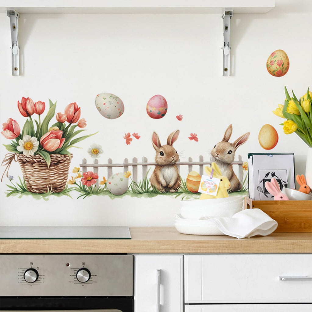 Generic Easter Wall Stickers: Rabbit Easter Eggs & Flowers Design, Multicolor, PVC (additional view 2)