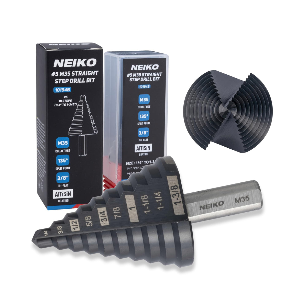 NEIKO 10194B Step Drill Bit, 10 Steps 1/4" to 1-3/8" Straight M35 Cobalt, AlTiSiN Coated