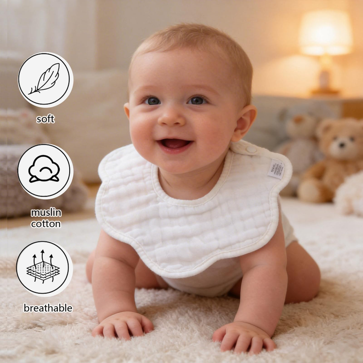 DOSMINE Organic Cotton Muslin Baby Bibs for Drooling & Teething - White view 3