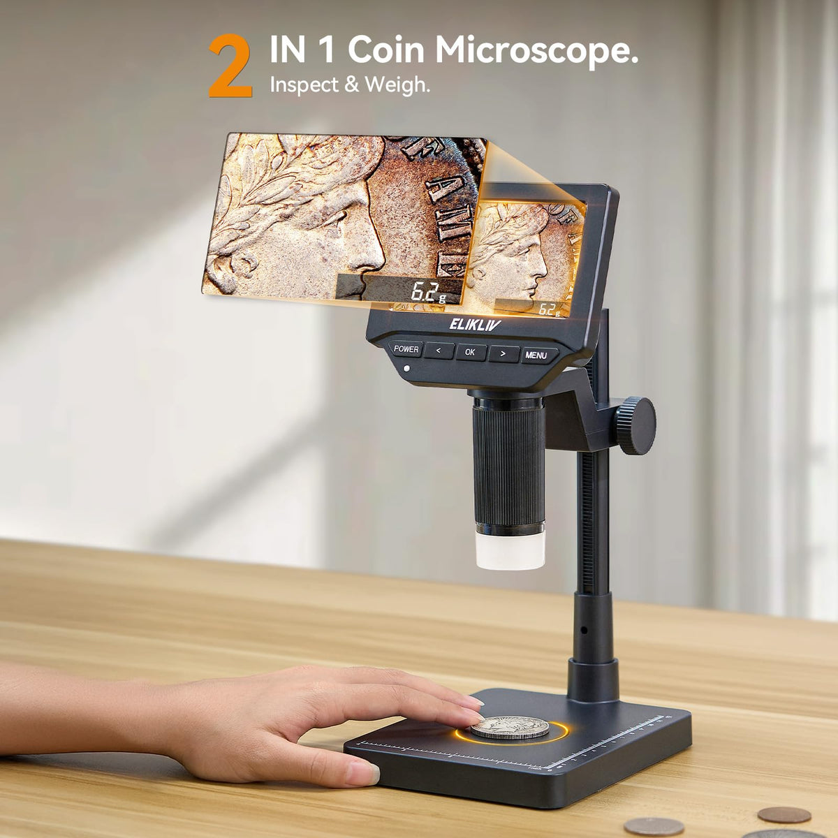 Elikliv EDM4C Coin Microscope with Scale, 4.3" Weighing Digital Magnifier