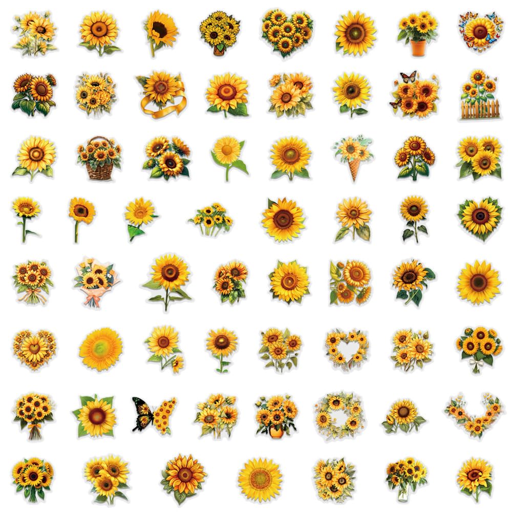 Sunflower Stickers 63Pcs Waterproof PET Sunflower Decals for Water Bottle Cartoon Plant (additional view 2)