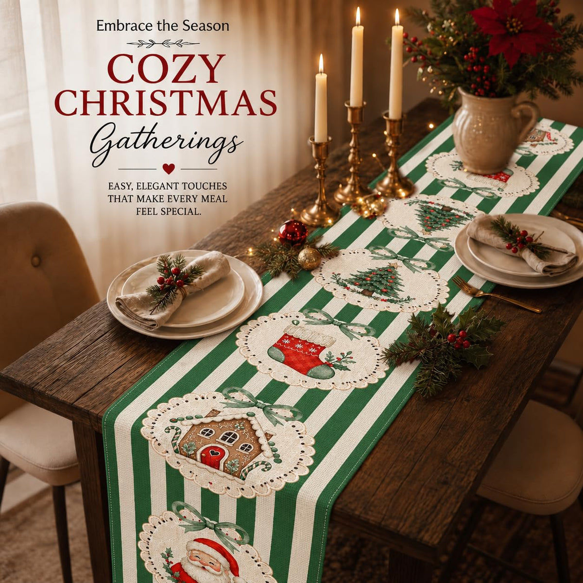13 x 60 Table Runner for Holiday and Farmhouse Kitchen Decor - Green Stripe view 1