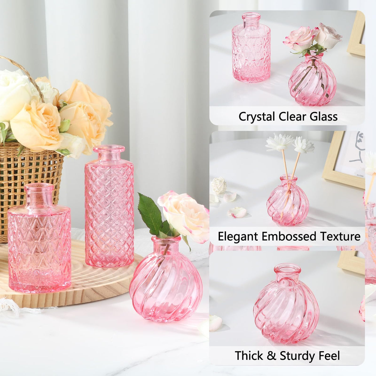 RUCKAE 22 Pack Pink Glass Bud Vases,Vintage Small Flower Vases for Centerpieces,Assorted (additional view 2)
