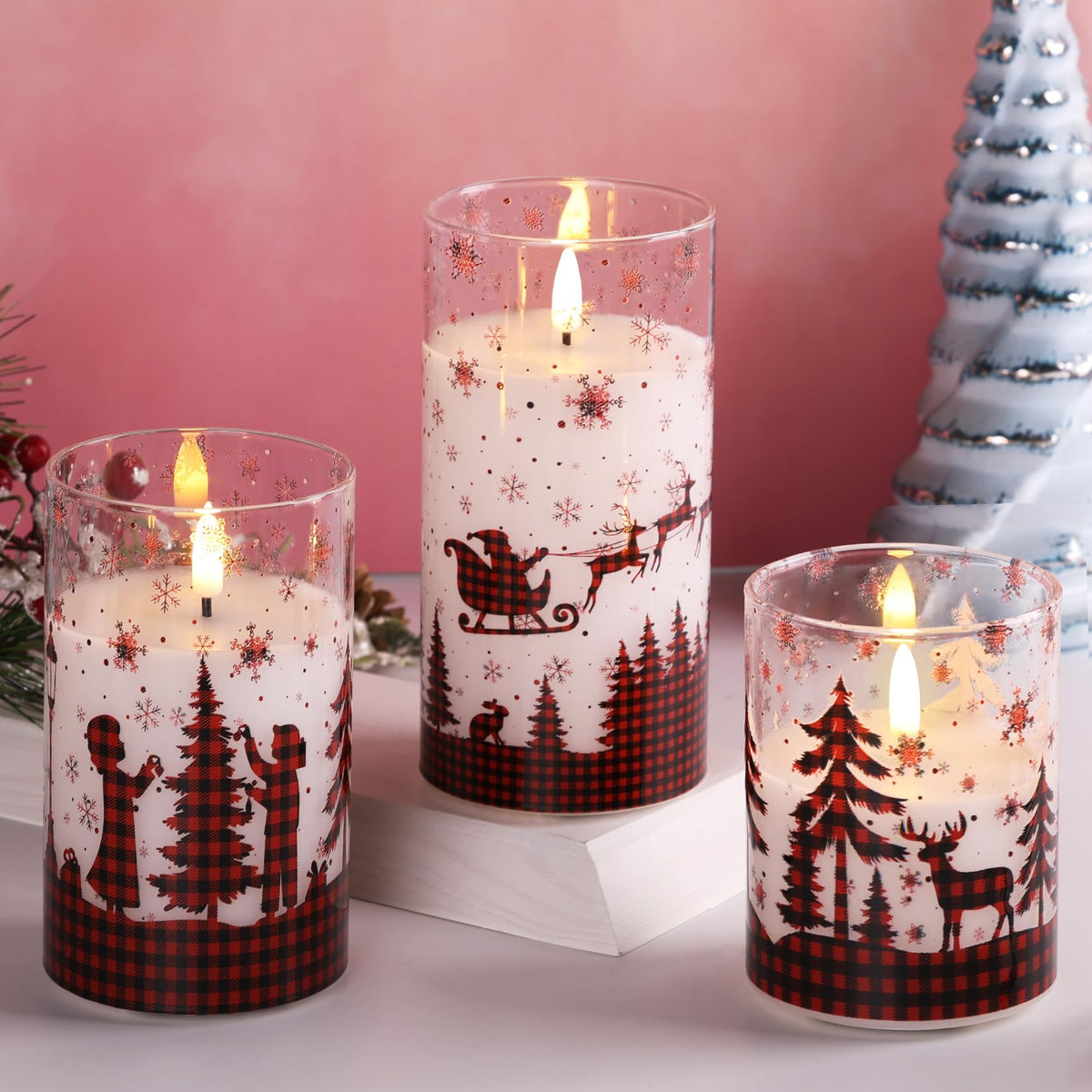 Eywamage Glass Flameless Candles with Remote - Red Buffalo Plaid view 6