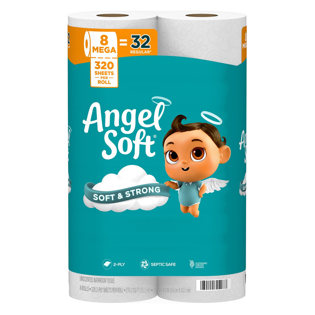 Angel Soft Toilet Paper Bulk Bathroom Tissue, 8 Mega Rolls=32 Regular Rolls (79414) (Pack of 8)