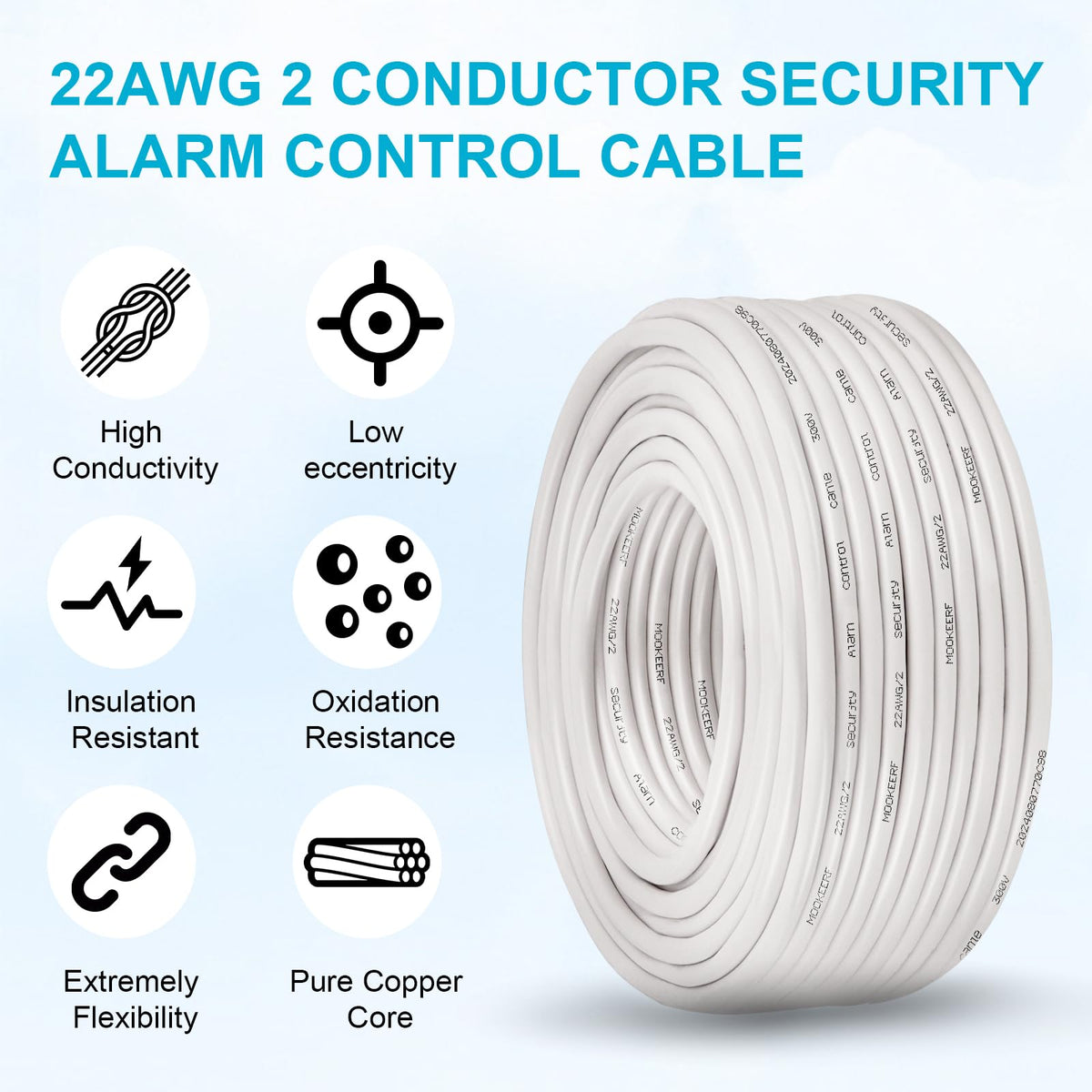 MOOKEERF 22/2 Shielded Wire 200FT 22AWG 2 Conductor Shielded Plenum Cable White CL3P Jacket Alarm Control Cable for Low
