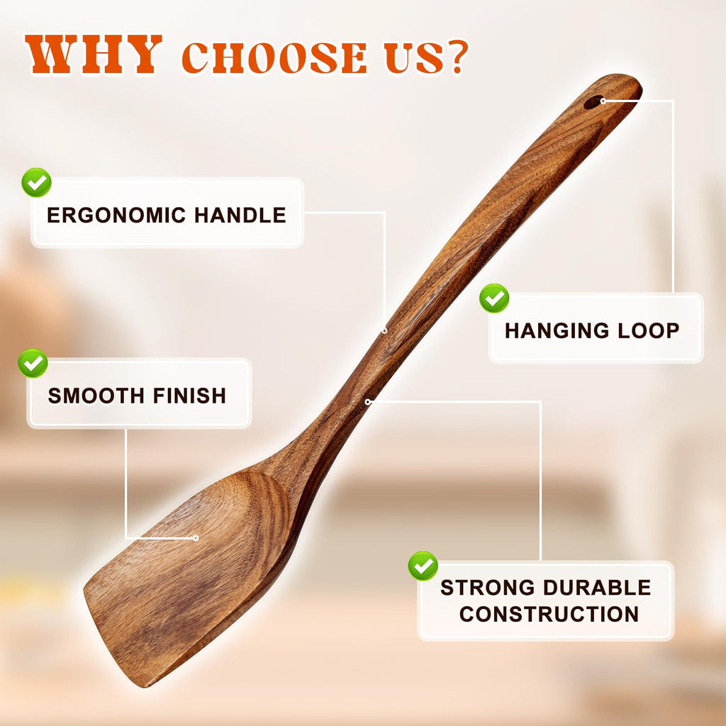 MemoGem 2Pcs Wooden Spatula, Acacia Solid & Slotted Turner Spatula Set, Long Handle Flat Frying Spatulas, Ideal Kitchen (Pack of 2)