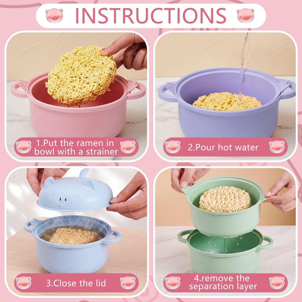 Romooa 45oz Cute Pig Ramen Bowl Set Microwavable