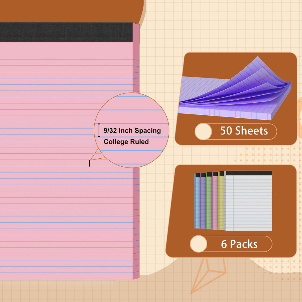 Glyanlee Legal Pads 8.5 x 11 Ruled Notepads, 50 Sheets/Pad - Multi-6colors / 6 Pack view 2