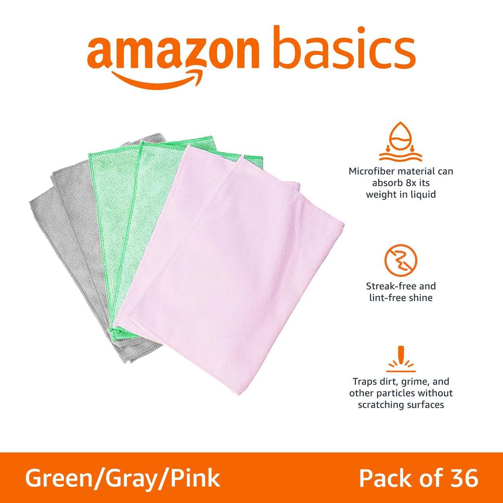 Amazon Basics Microfiber Cleaning Cloths - Green/Gray/Pink / 36-Pack view 1