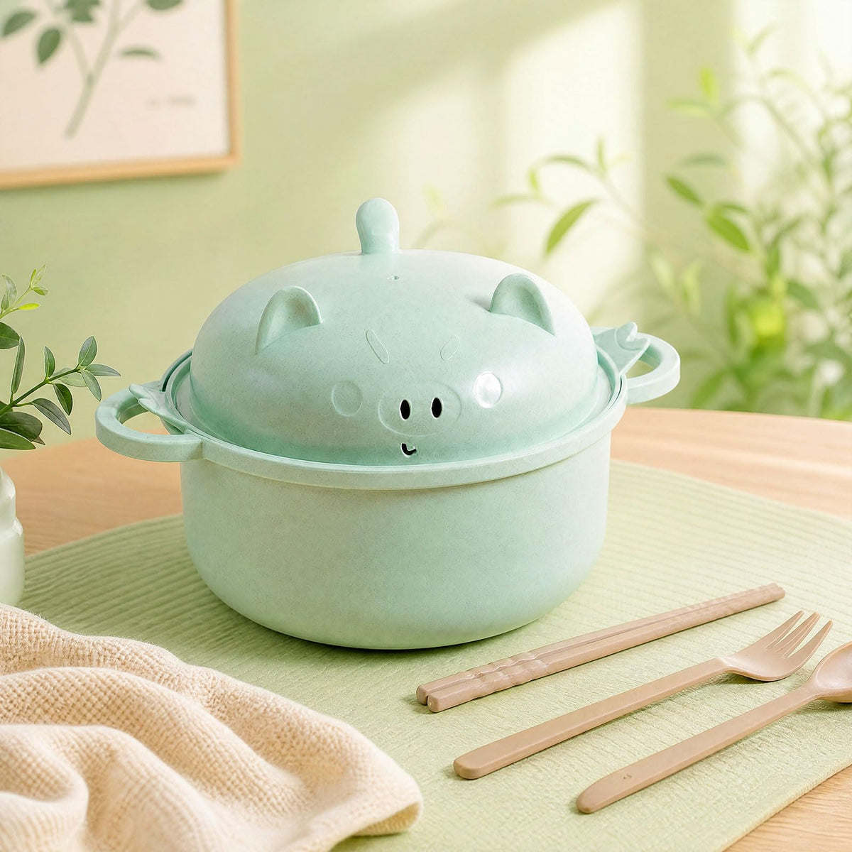 Romooa 45oz Cute Pig Ramen Bowl Set Microwavable