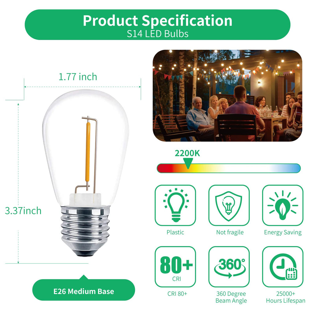 Meconard Pack S14 LED Outdoor String Light Replacement Bulbs, Warm White