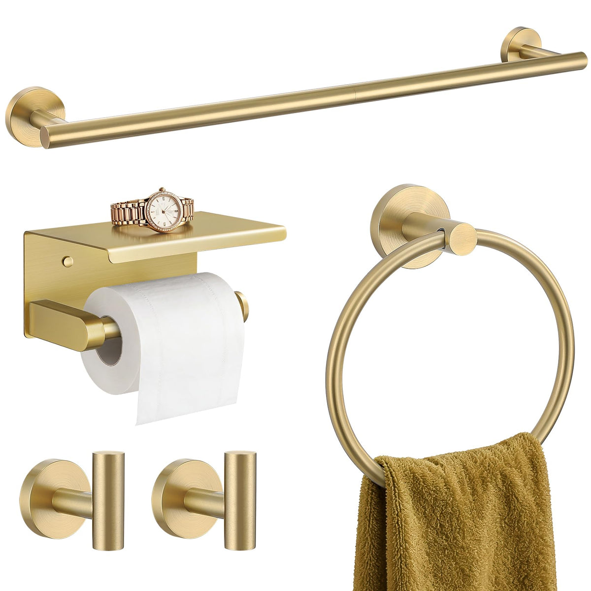 TURS Brushed Gold 5-Piece Bathroom Hardware Set Towel Bar Set SUS304 Stainless Steel