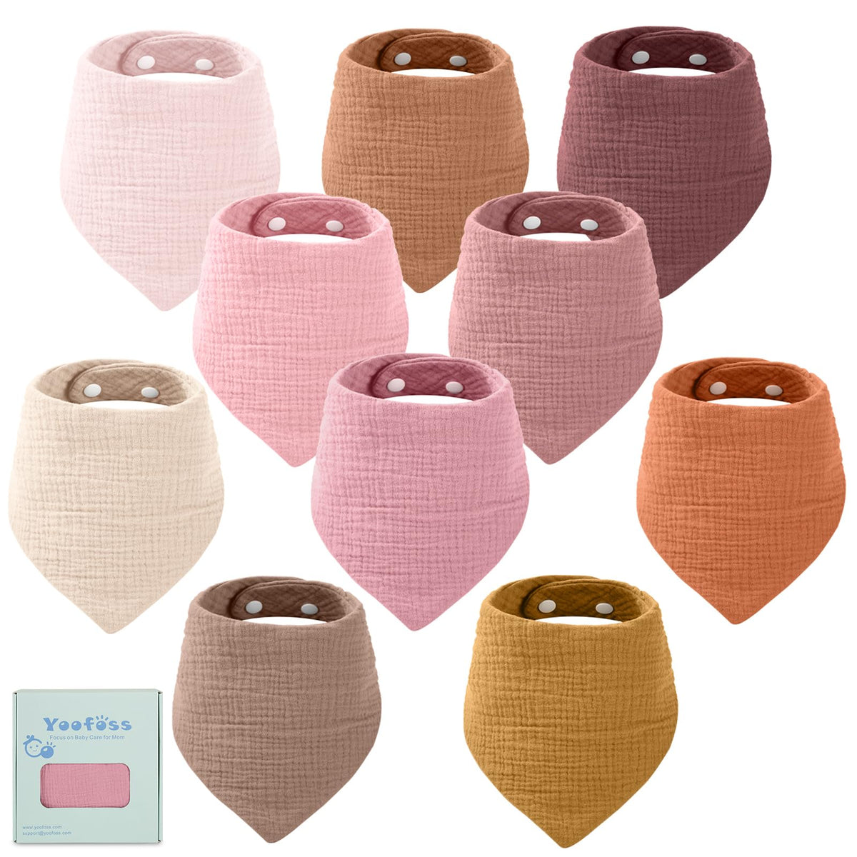 Yoofoss Muslin Baby Bibs 10 Pack 100% Organic Cotton 6-Layer Soft Absorbent Drool Bandana Baby Bibs for Drooling and Teething for Boys and Girls - Gradient Pink