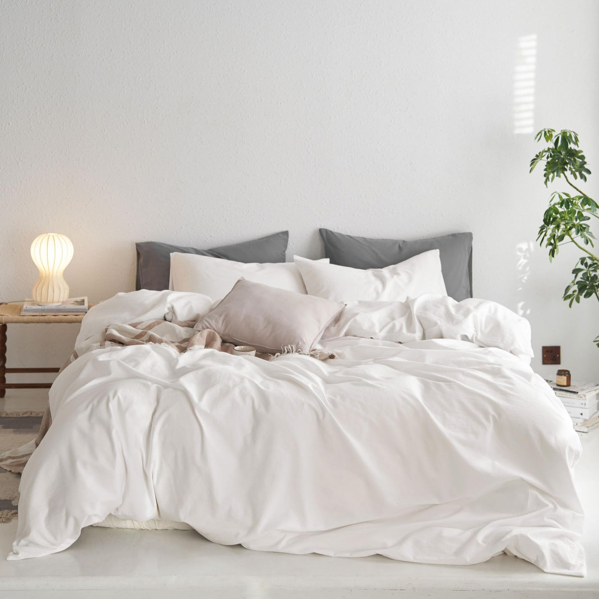 MooMee Upgraded Softer Duvet Cover Set 100% Washed Cotton Twill - Off White (No Comforter) / Queen (90"x90")