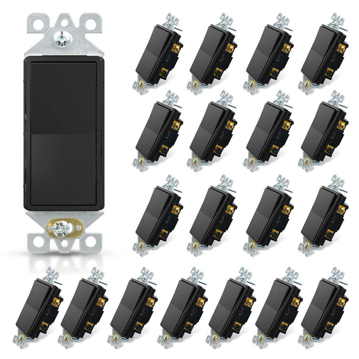 ELEGRP Single Pole Decorator Light Switch, 15Amp 120-277V, Paddle Rocker On/Off Wall Switch, Self-Grounding, UL/CUL - Glossy Black / 20 / Single Pole - Without Wall Plate
